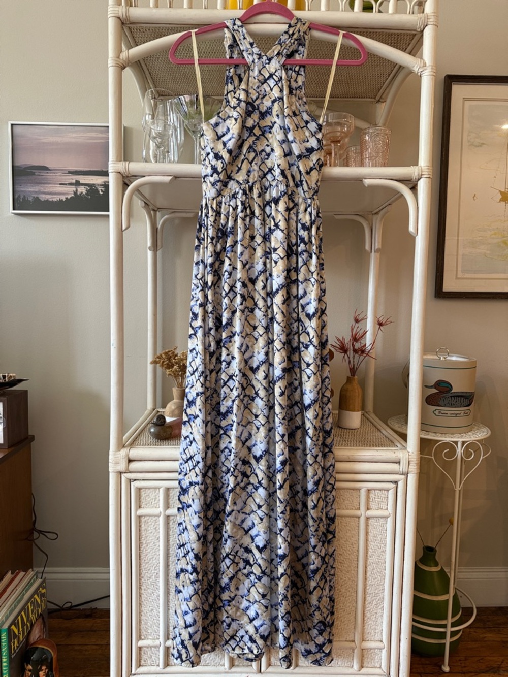 Ark & Co Navy and White Halter Maxi Dress